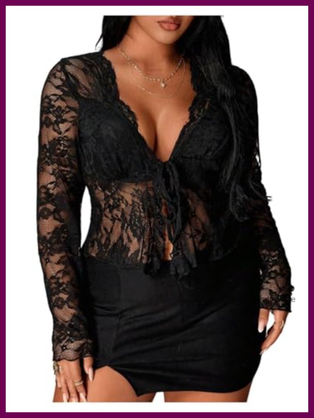 Plus Size Mesh Lace Long Sleeve Tie Front Crop Top
